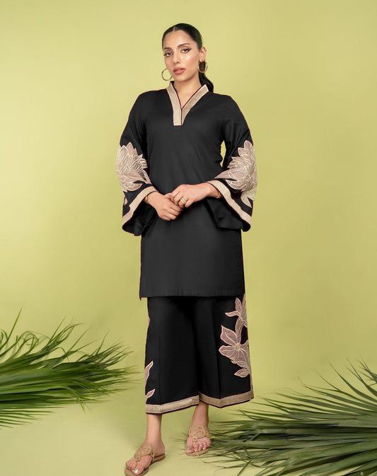 2 Pcs Women's Stitched Linen Embroidered Shirt And Trouser